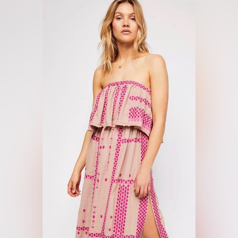 Free People Wild Romance Embroidered Boho Strapless midi dress in pink size xs